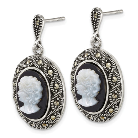 Sterling Silver Cameo Drop Earrings with Black Agate, Marcasite Accents, Victorian Style
