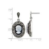 Sterling Silver Cameo Drop Earrings with Black Agate, Marcasite Accents, Victorian Style
