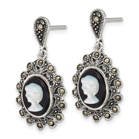 Sterling Silver Cameo Drop Earrings with Black Agate, Mother of Pearl, and Marcasite Accents