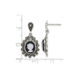 Sterling Silver Cameo Drop Earrings with Black Agate, Mother of Pearl, and Marcasite Accents