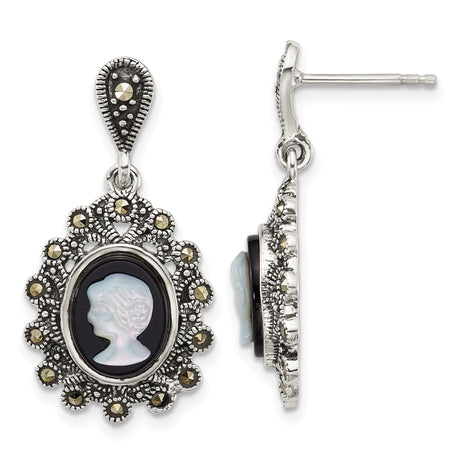 Sterling Silver Cameo Drop Earrings with Black Agate, Mother of Pearl, and Marcasite Accents