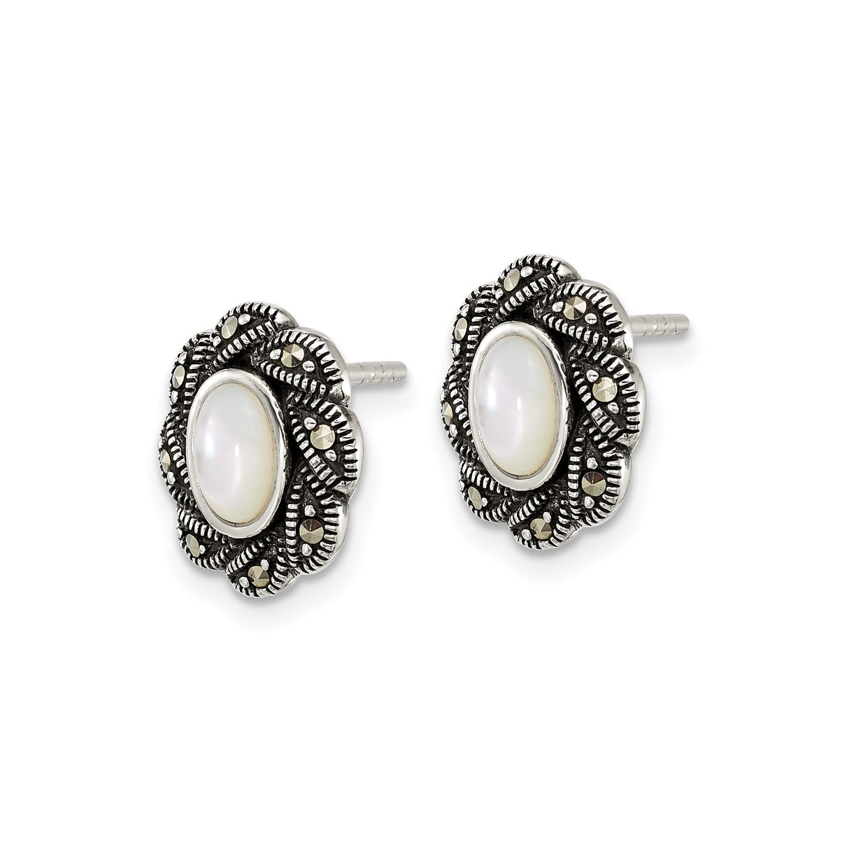 Sterling Silver Floral Stud Earrings with Mother of Pearl and Marcasite Accents