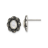 Sterling Silver Floral Stud Earrings with Mother of Pearl and Marcasite Accents