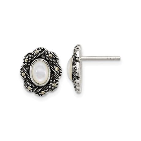 Sterling Silver Floral Stud Earrings with Mother of Pearl and Marcasite Accents