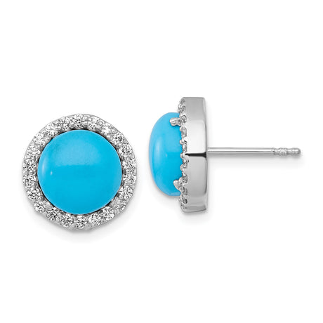 Sterling Silver Turquoise Stud Earrings for Women with Round Cabochon Center and Cubic Zirconia Halo, Rhodium Plated Small Post Back Design, Elegant Everyday Minimalist Fashion Jewelry