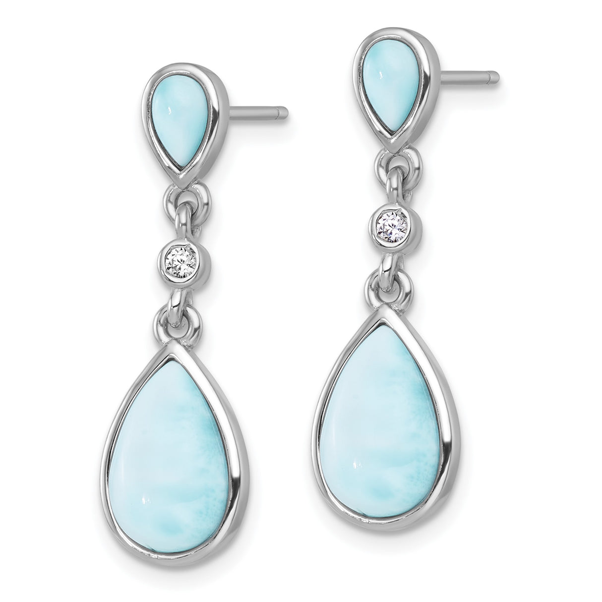 Sterling Silver Dangle Earrings with Pear Shaped Larimar and Cubic Zirconia, Coastal Style