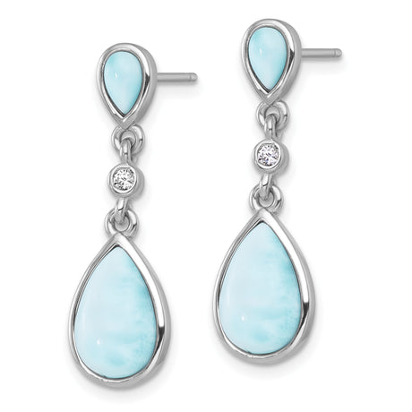 Sterling Silver Dangle Earrings with Pear Shaped Larimar and Cubic Zirconia, Coastal Style