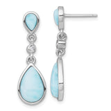 Sterling Silver Dangle Earrings with Pear Shaped Larimar and Cubic Zirconia, Coastal Style