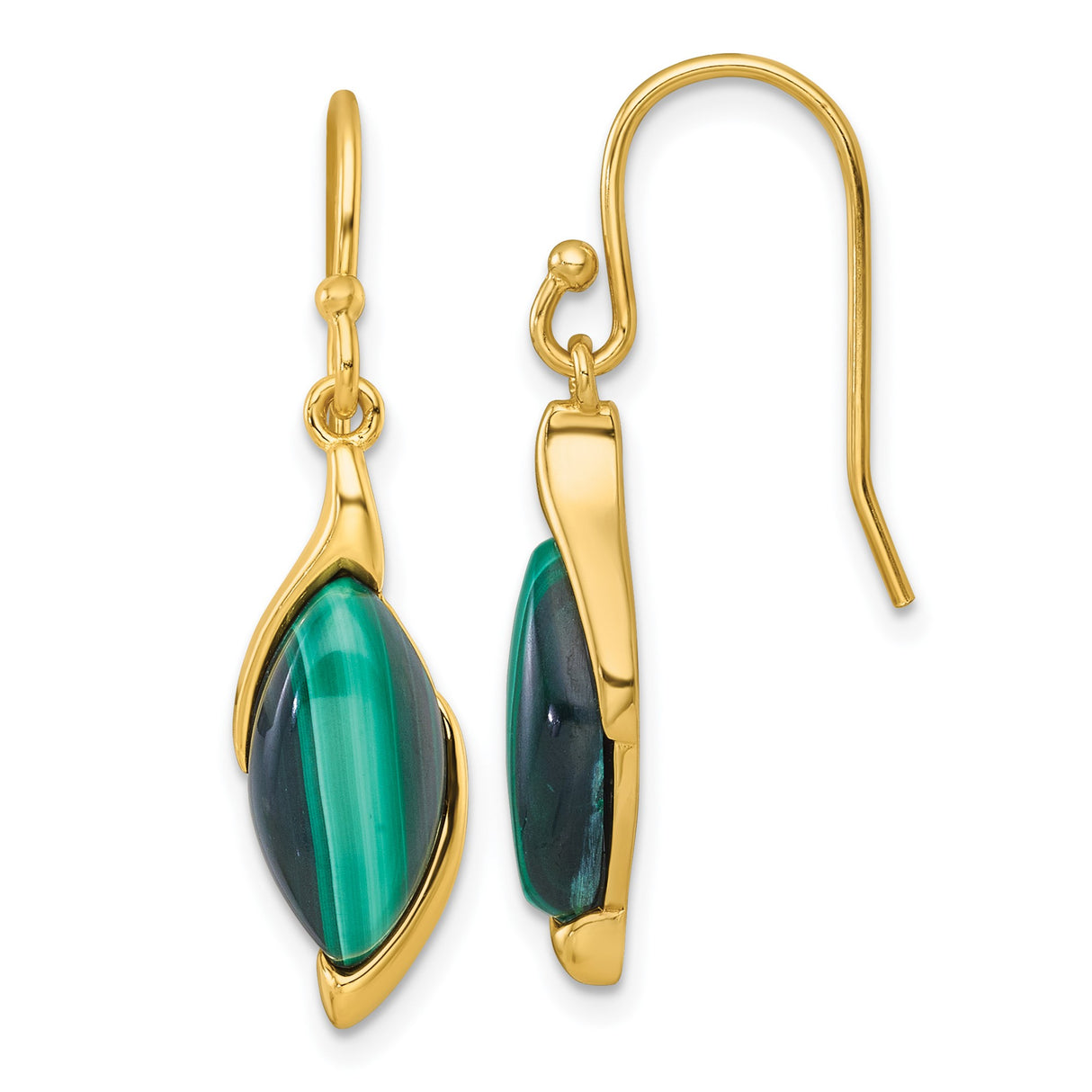 Sterling Silver Drop Earrings with Malachite Marquise Stones, Leaf Design Dangle Jewelry