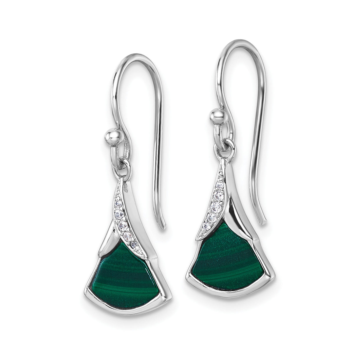 Sterling Silver Fan Dangle Earrings with Malachite and Cubic Zirconia Accents