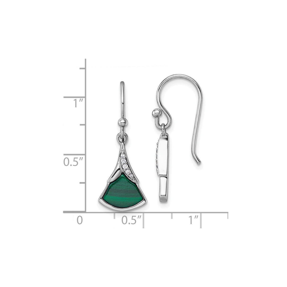 Sterling Silver Fan Dangle Earrings with Malachite and Cubic Zirconia Accents