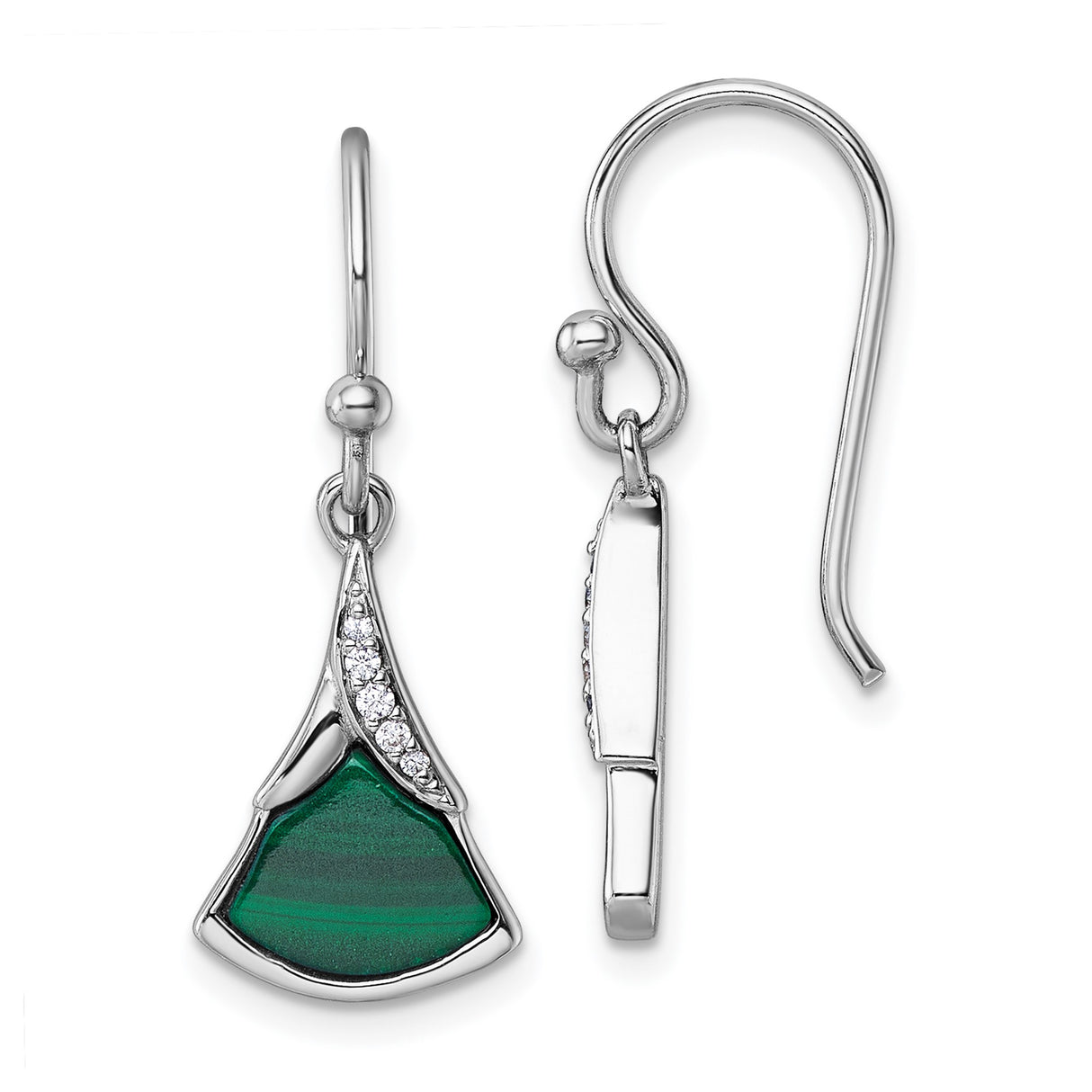 Sterling Silver Fan Dangle Earrings with Malachite and Cubic Zirconia Accents