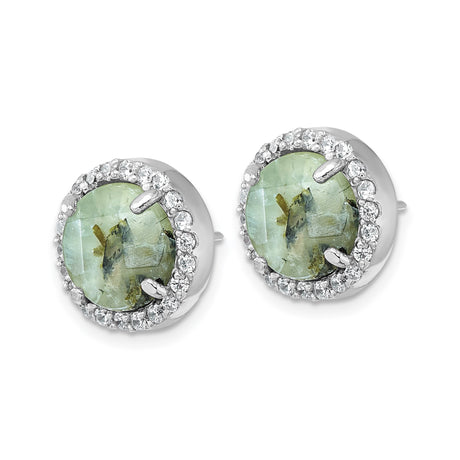 Sterling Silver Stud Earrings With Green Prehnite CZ Halo