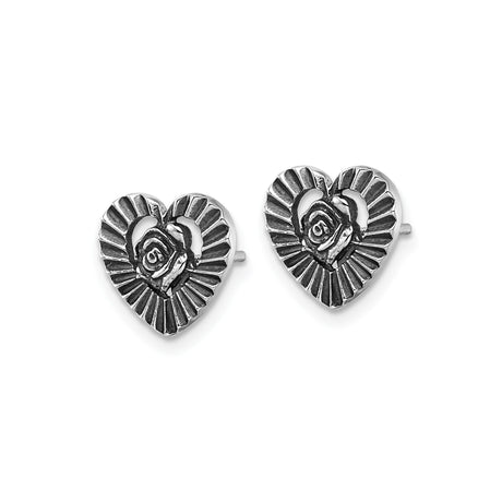 Sterling Silver Heart Stud Earrings with Rose Center, Romantic Vintage Floral Design