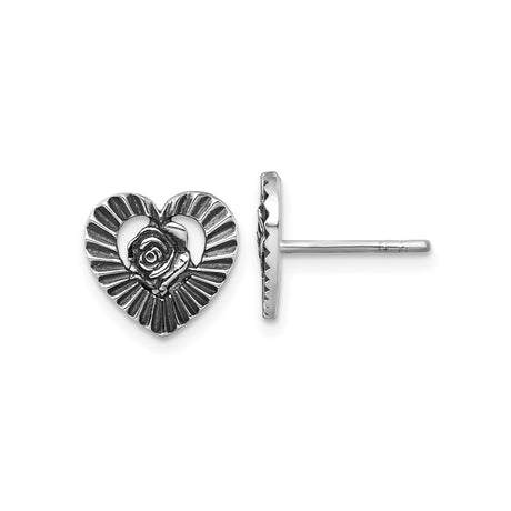Sterling Silver Heart Stud Earrings with Rose Center, Romantic Vintage Floral Design