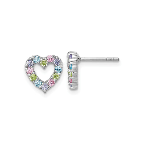 Sterling Silver Open Heart Stud Earrings with Multicolor Cubic Zirconia