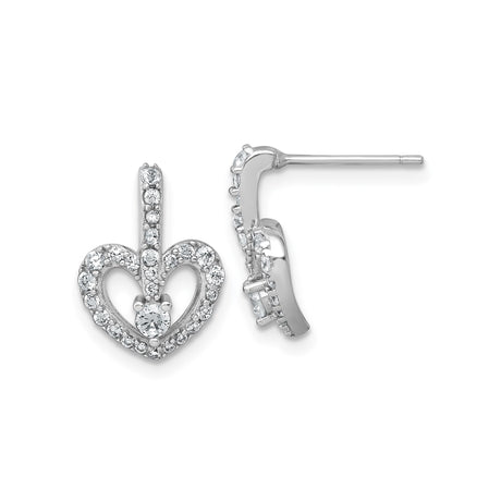 Sterling Silver Heart Stud Earrings with Cubic Zirconia, Rhodium Plated Open Heart Design