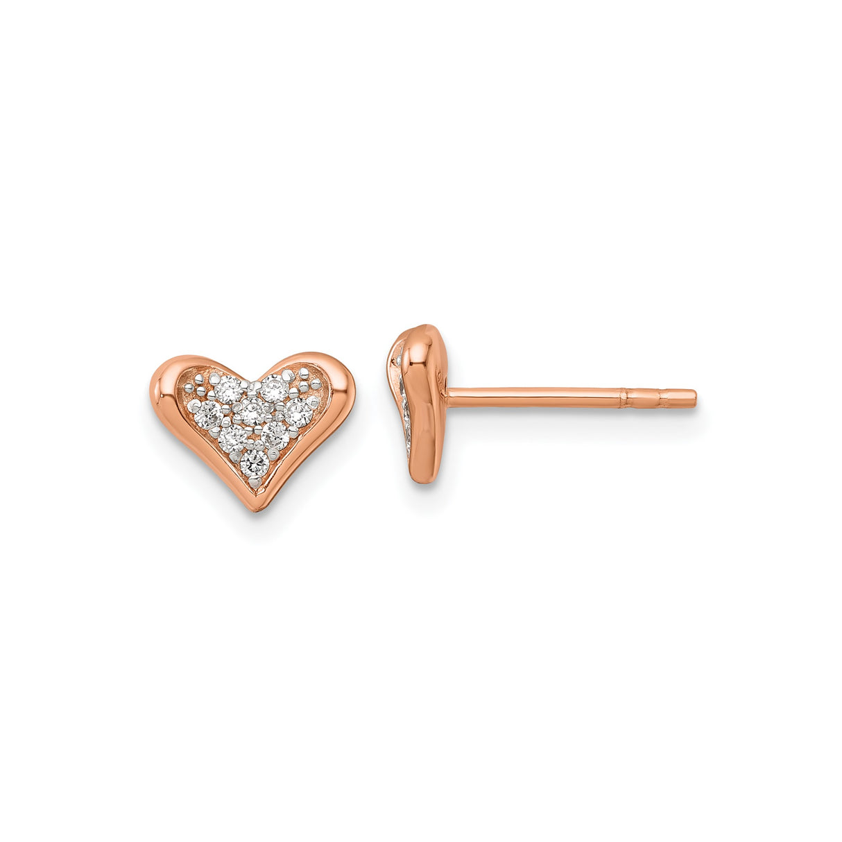 Sterling Silver Heart Stud Earrings with Cubic Zirconia, Rose Gold Plated, Romantic Style