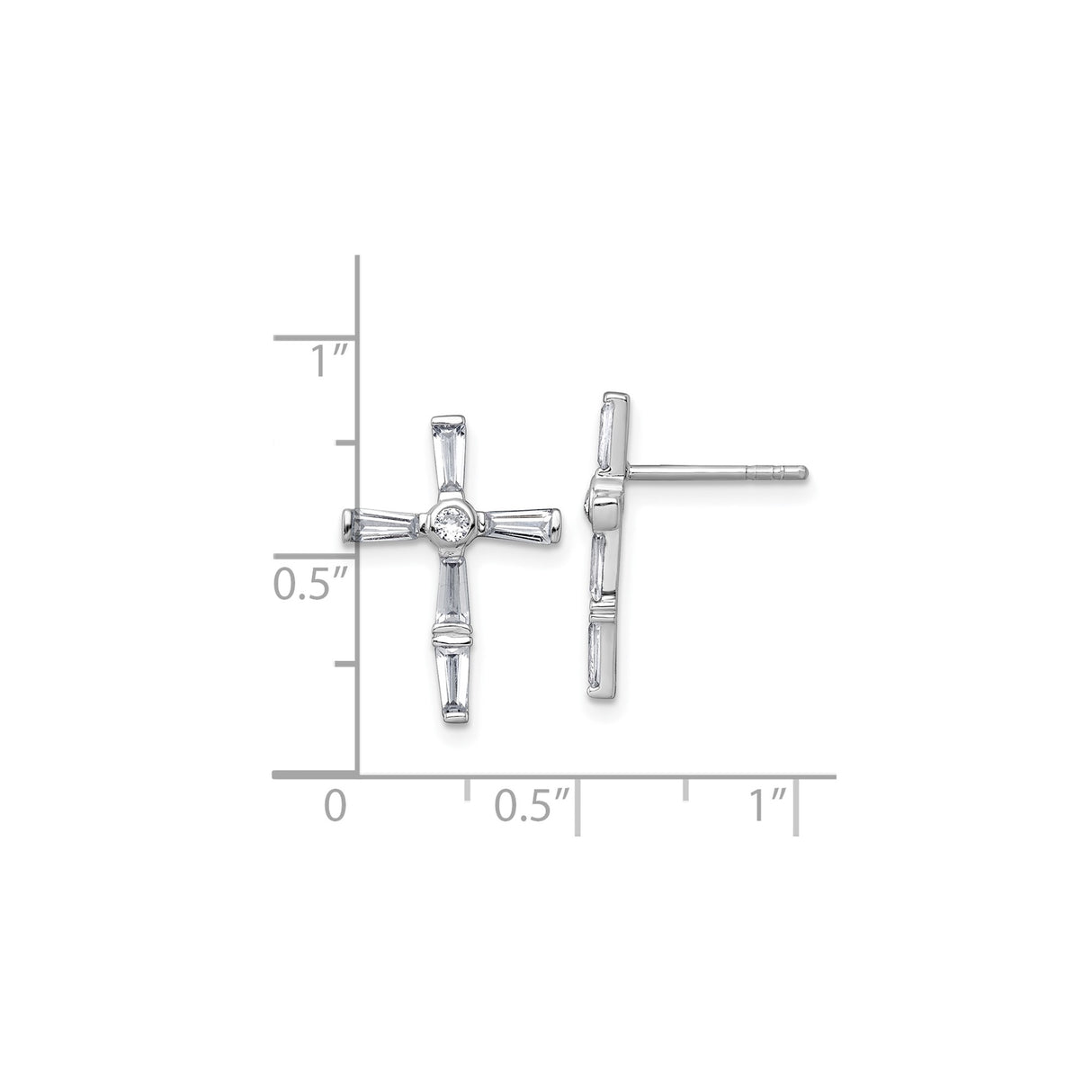 Sterling Silver Cross Stud Earrings with Baguette Accents and Cubic Zirconia Center