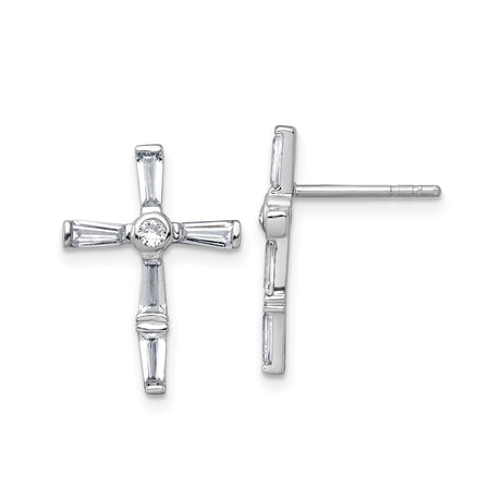 Sterling Silver Cross Stud Earrings with Baguette Accents and Cubic Zirconia Center