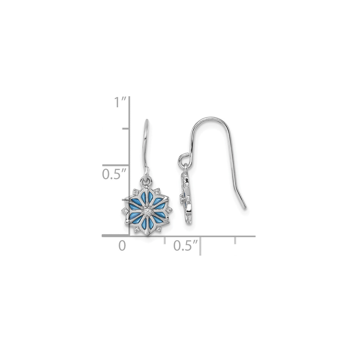 Sterling Silver Dangle Earrings with Cubic Zirconia, Blue and White Enamel Flower, Snowflake Design