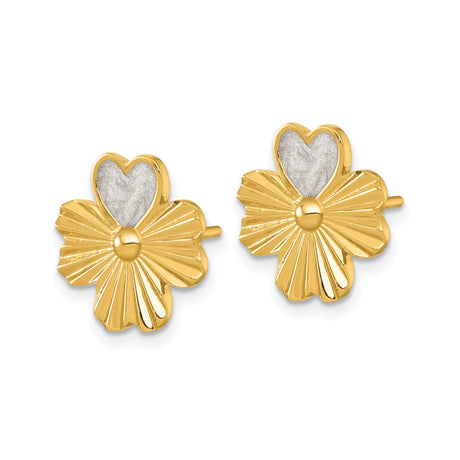 Sterling Silver Clover Stud Earrings with Heart Petal Design and Enamel Detail