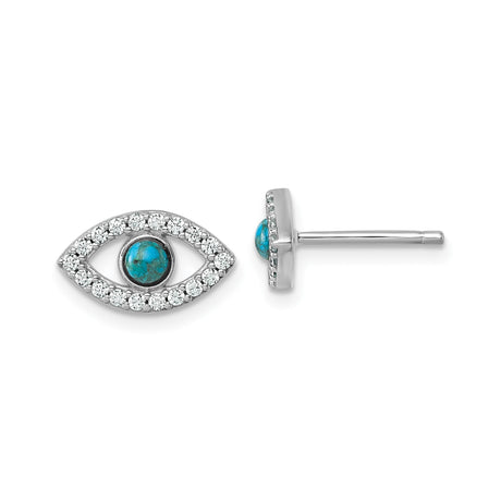 Sterling Silver Evil Eye Stud Earrings for Women with Turquoise Center and White CZ Accents, Rhodium Plated Spiritual Protection Jewelry, Mediterranean Symbolic Design, Silver Posts for Daily Wear