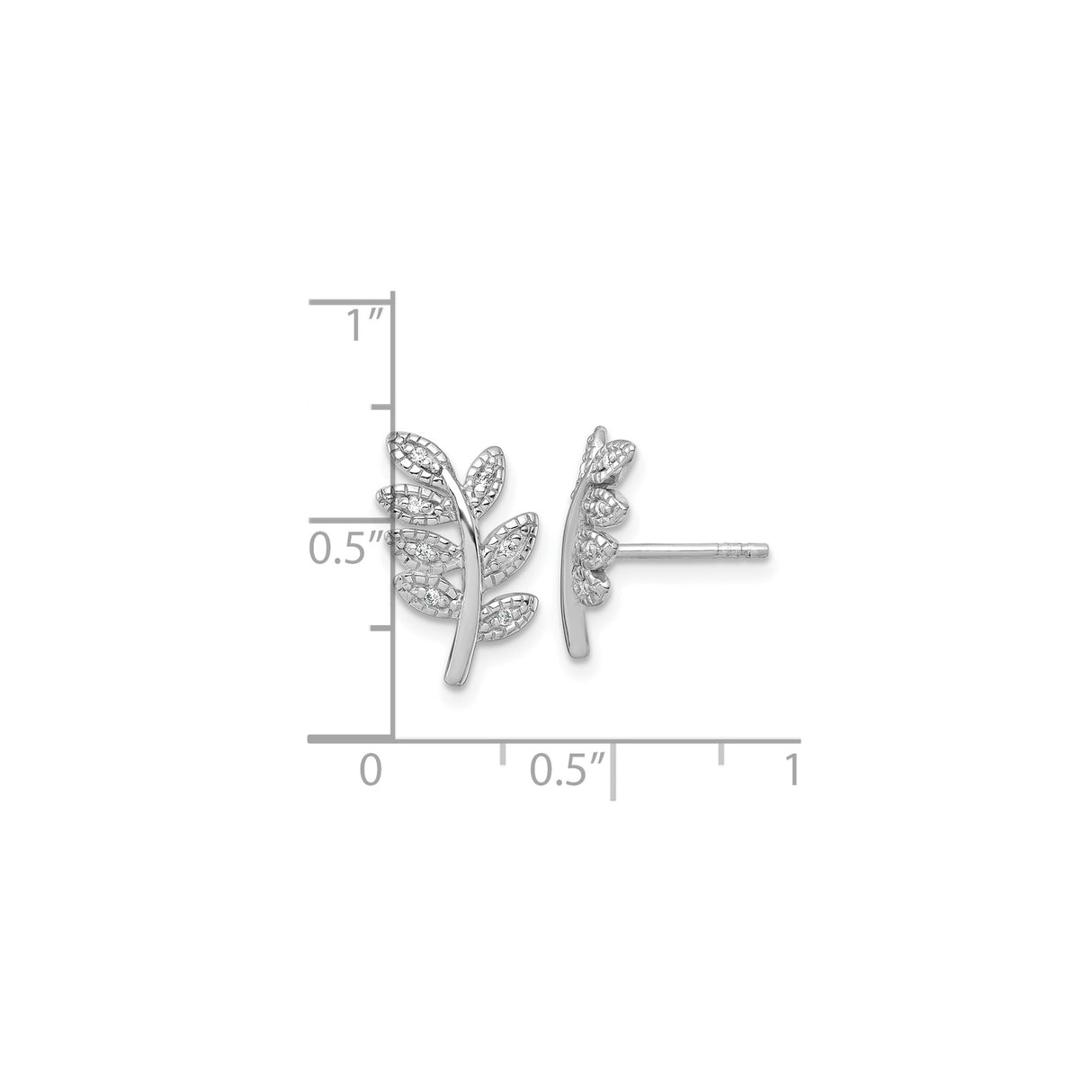 Sterling Silver Leaf Stud Earrings with Cubic Zirconia, Botanical Branch Design for Women