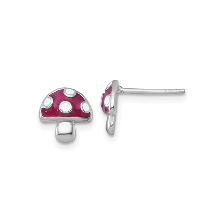 Sterling Silver Stud Earrings with Red White Polka Dot Enamel Mushrooms, Whimsical Toadstool Design, Rhodium Plated Fantasy Forest Theme, Playful Nature Inspired Fairy Tale Jewelry for Women