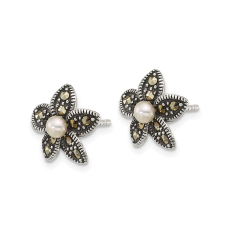 Sterling Silver Flower Stud Earrings with White Pearl and Marcasite Accents, Vintage Inspired Design