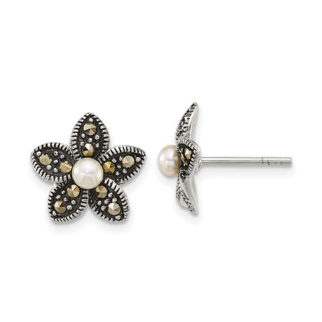 Sterling Silver Flower Stud Earrings with White Pearl and Marcasite Accents, Vintage Inspired Design