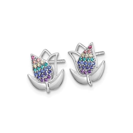 Sterling Silver Lotus Flower Stud Earrings with Multicolored Cubic Zirconia Stones