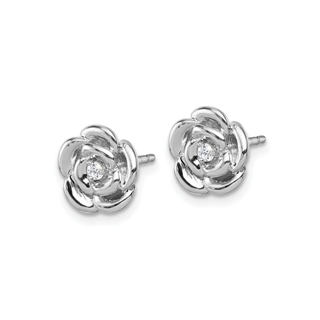 Sterling Silver Rose Flower Stud Earrings with Cubic Zirconia Center Stone