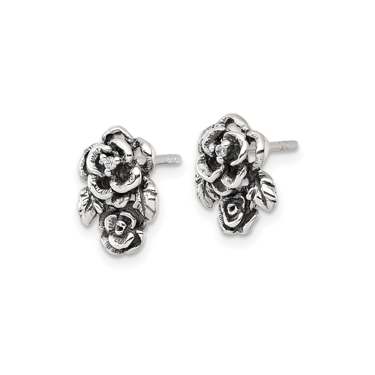 Sterling Silver Rose Stud Earrings with Cubic Zirconia, Vintage Floral Design for Women