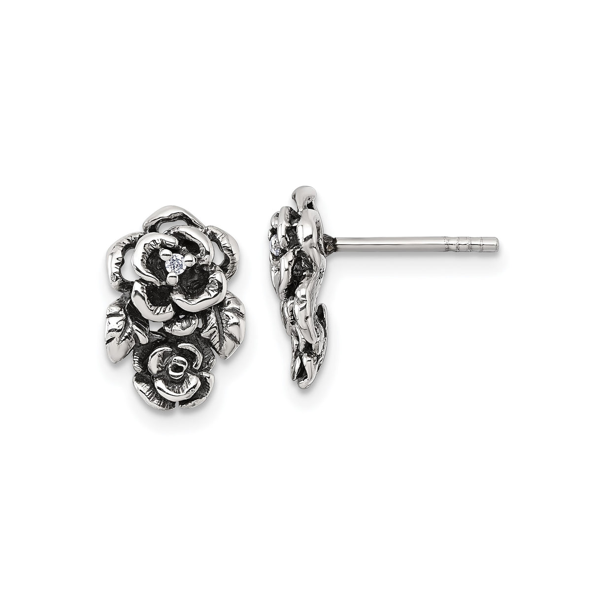 Sterling Silver Rose Stud Earrings with Cubic Zirconia, Vintage Floral Design for Women