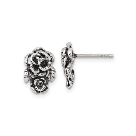 Sterling Silver Rose Stud Earrings with Cubic Zirconia, Vintage Floral Design for Women