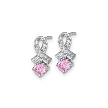 Sterling Silver Ribbon Stud Earrings with Pink Cubic Zirconia Center and Clear Accents