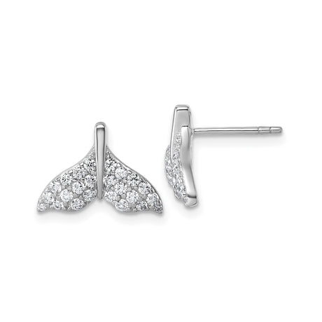Sterling Silver Whale Tail Earrings for Women with Pavé Cubic Zirconia, Rhodium Plated Studs, Nautical Theme Ocean Jewelry, Marine Life Symbolic Earrings, Beach Inspired Coastal Fashion Studs