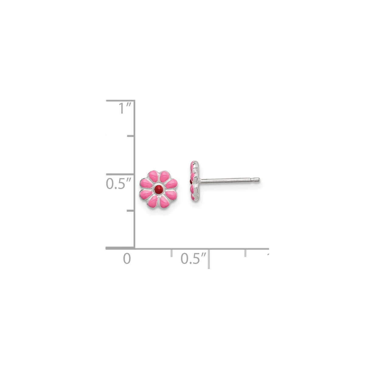 Sterling Silver Flower Stud Earrings with Pink Enamel Petals and Red Center, Daisy Design
