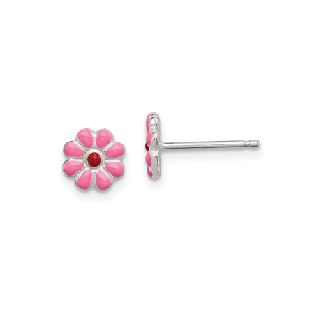 Sterling Silver Flower Stud Earrings with Pink Enamel Petals and Red Center, Daisy Design