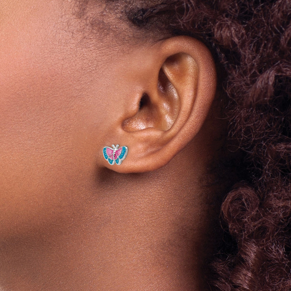 Sterling Silver Butterfly Stud Earrings with Pink and Blue Enamel Wings, Youthful Nature Style