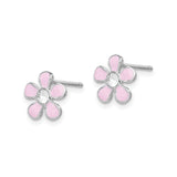 Sterling Silver Flower Stud Earrings with Pink Enamel and Clear Crystal Center