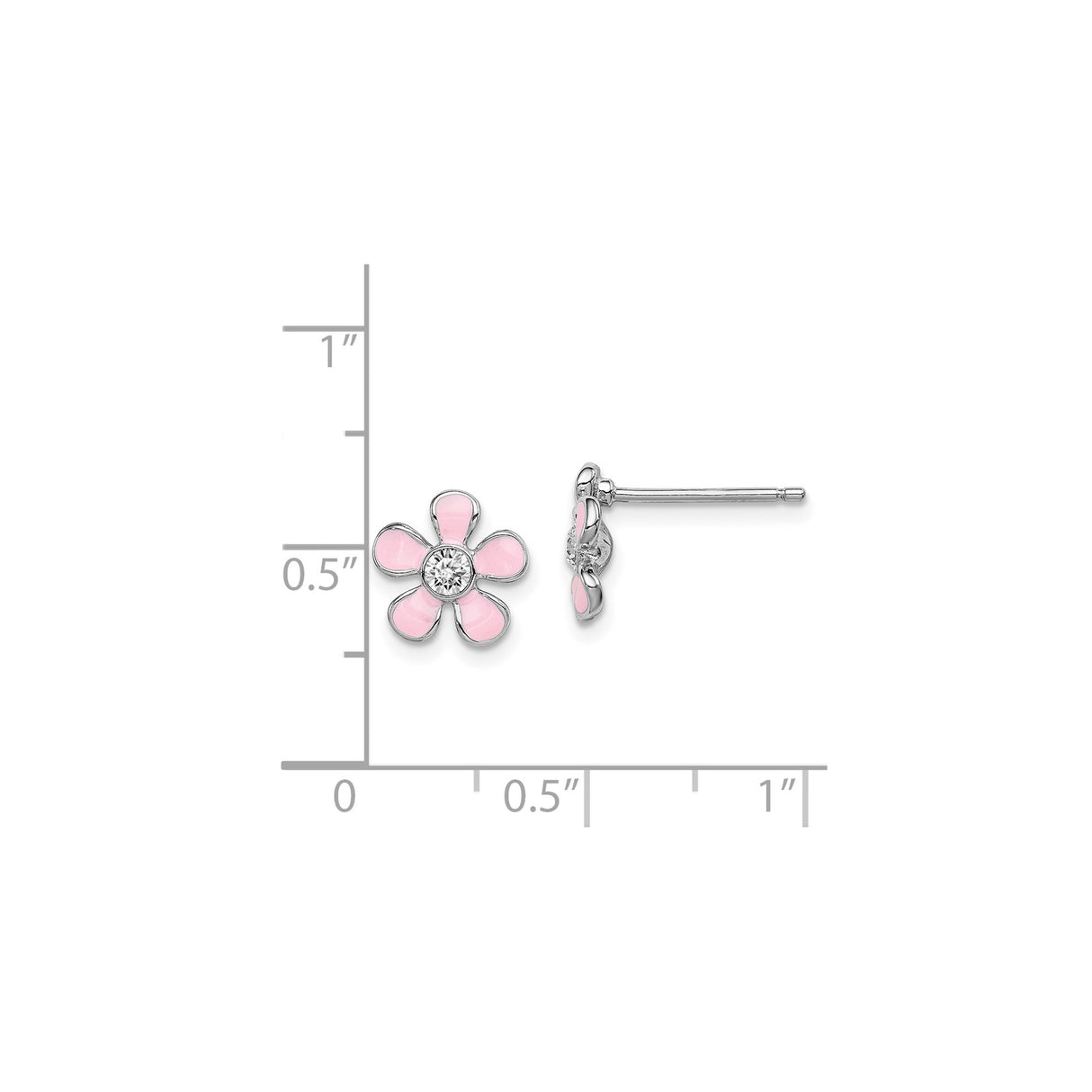 Sterling Silver Flower Stud Earrings with Pink Enamel and Clear Crystal Center