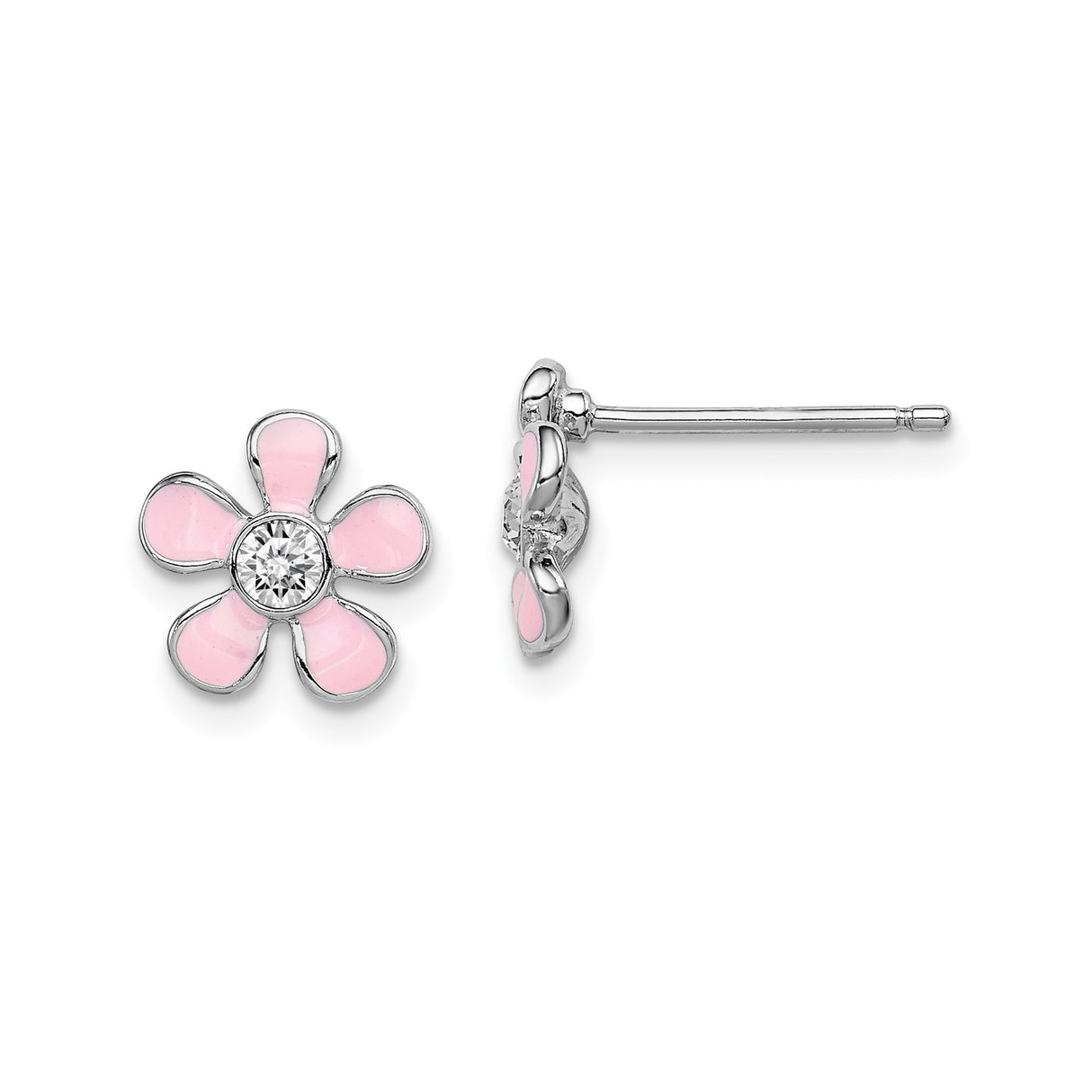 Sterling Silver Flower Stud Earrings with Pink Enamel and Clear Crystal Center