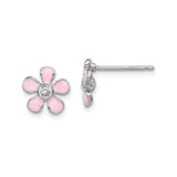 Sterling Silver Flower Stud Earrings with Pink Enamel and Clear Crystal Center