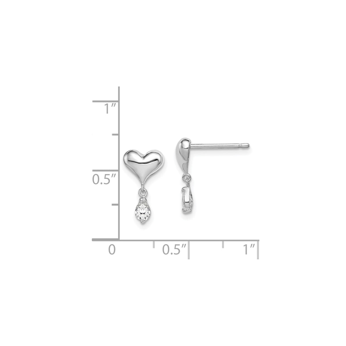 Sterling Silver Heart Stud Earrings with Teardrop Cubic Zirconia Dangle, Romantic Design