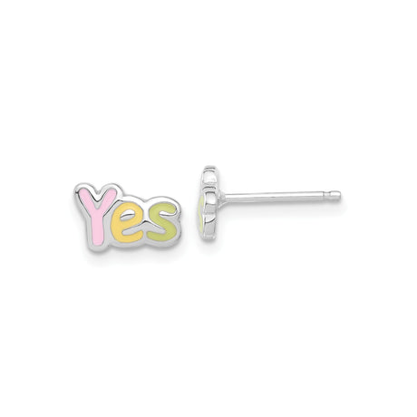 Sterling Silver Stud Earrings with Pink Yellow Green Enamel YES Design, Colorful Word Jewelry for Teens or Women, Fun Motivational Minimalist Studs, Uplifting Expression Earrings for Casual Wear