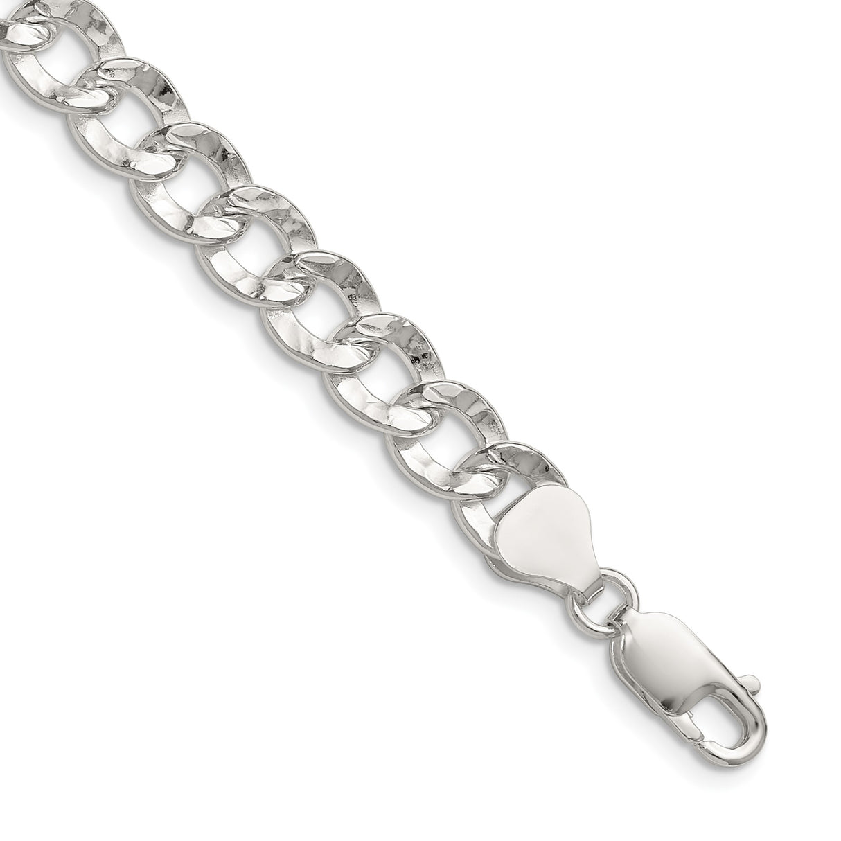925 White Gold 7.6 mm Curb Chain Necklace, Polished detail view