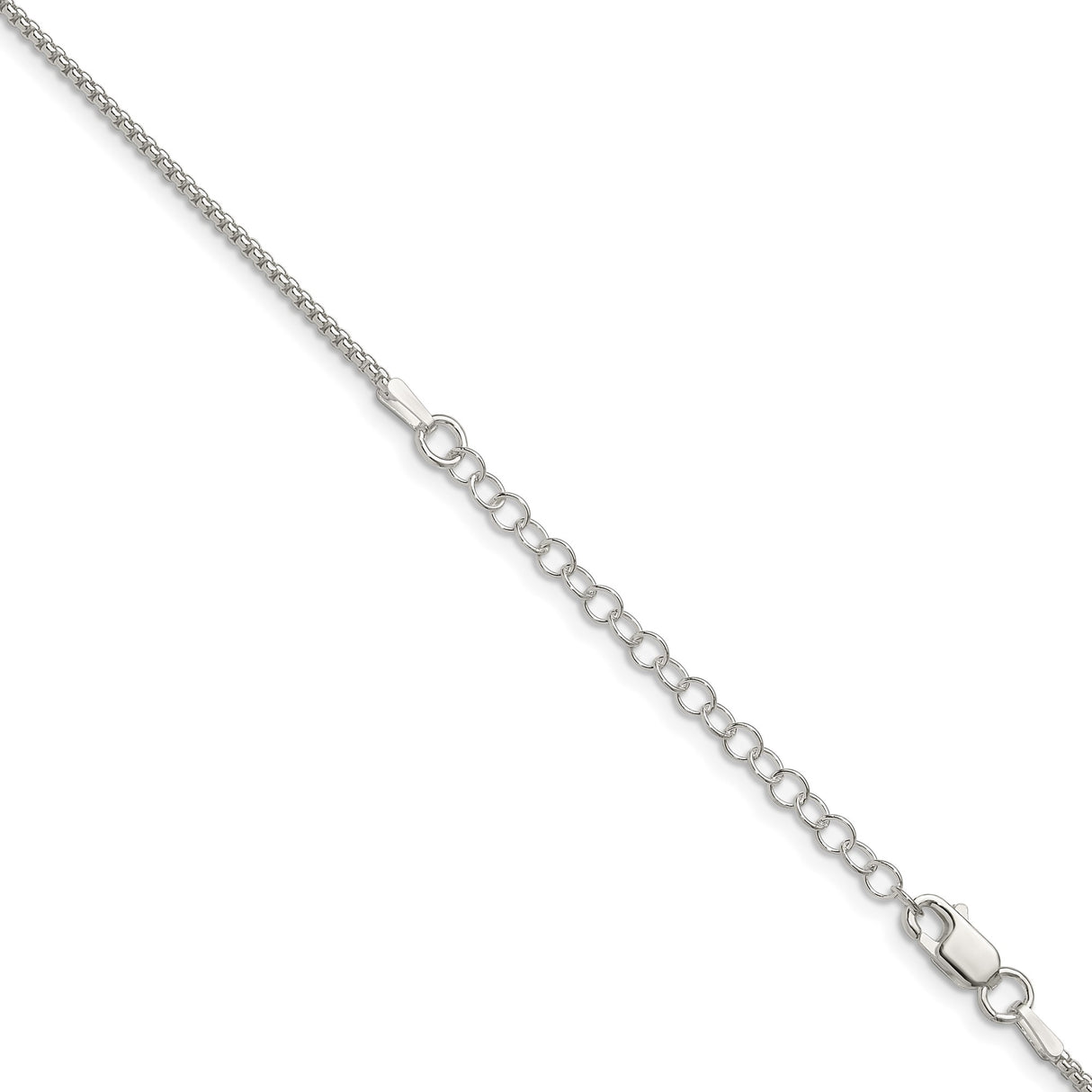 925 White Gold 1.5 mm Box Chain Necklace, Polished detail view