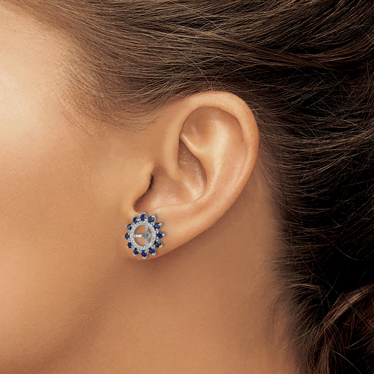 Sterling Silver Compass Rose Earrings with Created Sapphire and Diamond, Nautical Christian Design